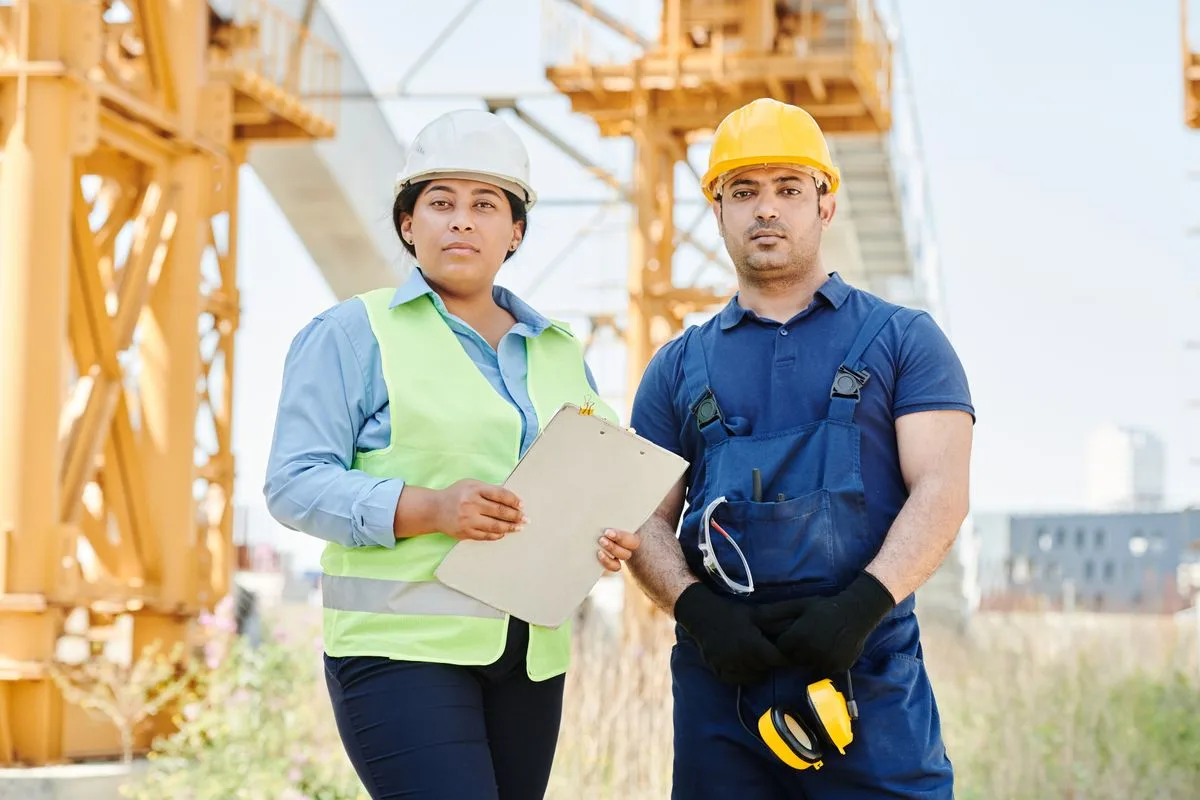 Two tradespeople in high-visibility vests reviewing plans on site